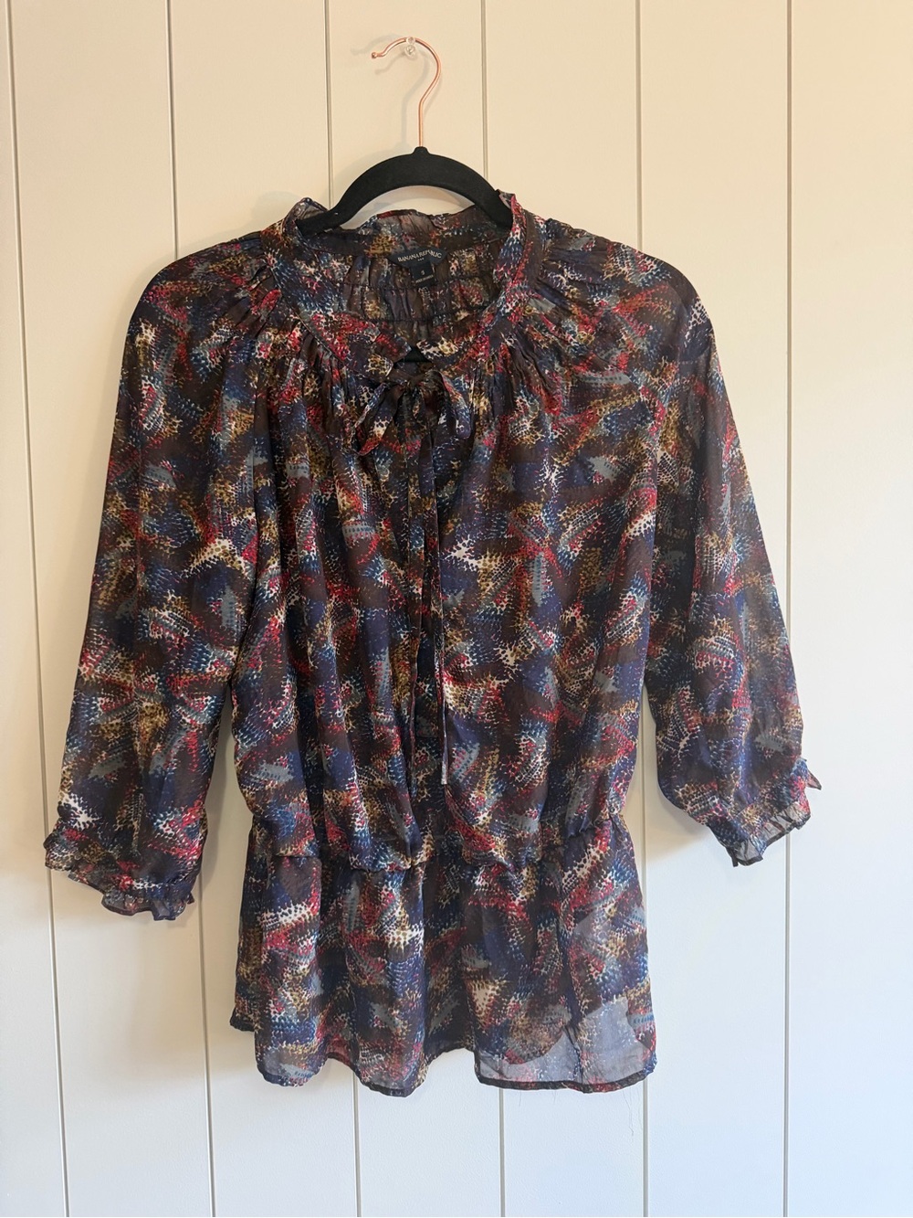Banana Republic Navy Multicolor Sheer Tie-Front Blouse
